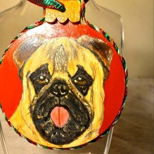 Handpainted&handmade on wood pug breed ornament with hanging ribbon.